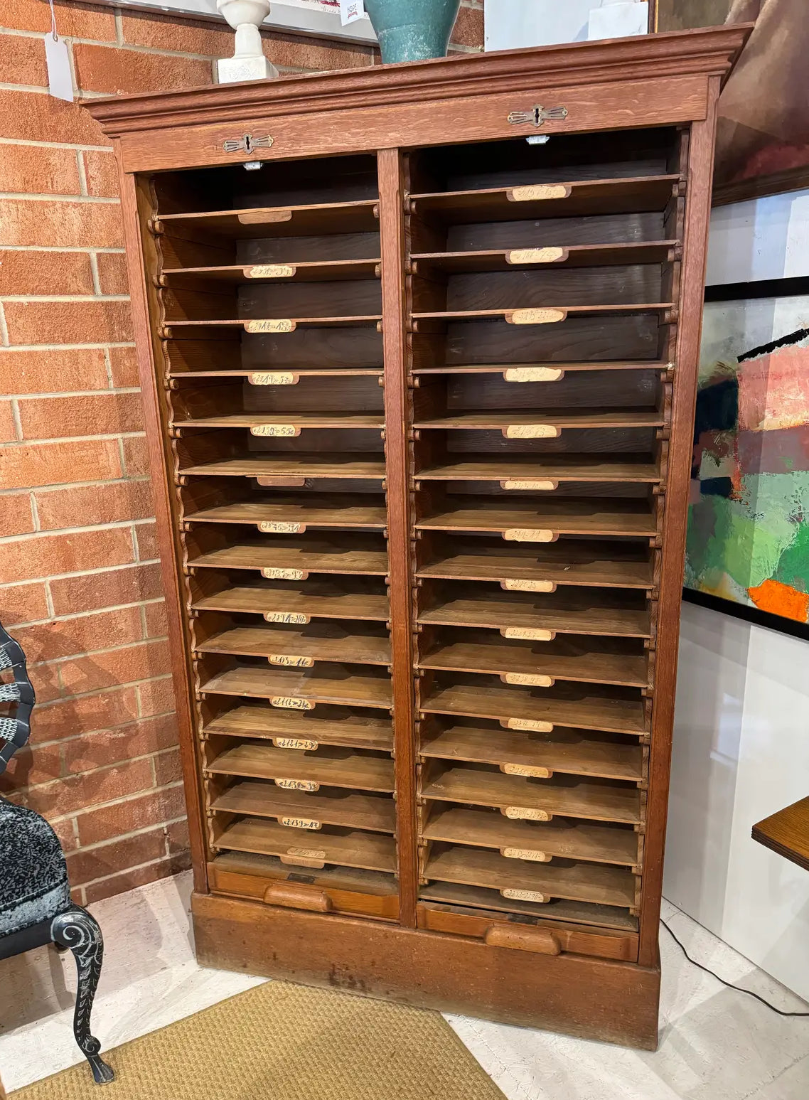 Vintage Oak Tambour Door Filing Cabinet With Sliding Trays & Original Keys