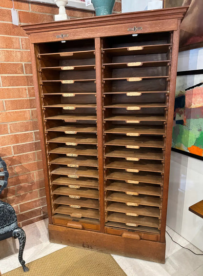 Vintage Oak Tambour Door Filing Cabinet With Sliding Trays & Original Keys