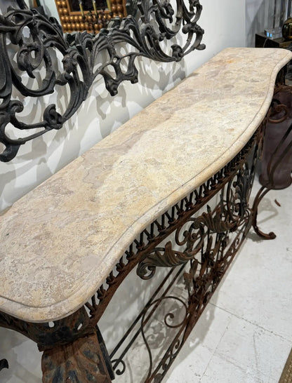 Wrought Iron Console With Marble Top, Mid-20th Century, French Style
