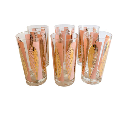 Set of 6 Fred Press Mid-Century 22k Gold Pink & Gold Highball Glasses