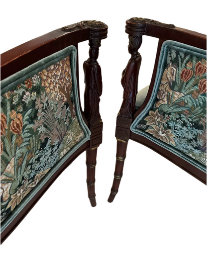 Paire Vintage Carved Wood Asian High Back Wing Chairs — Newly Reupholstered