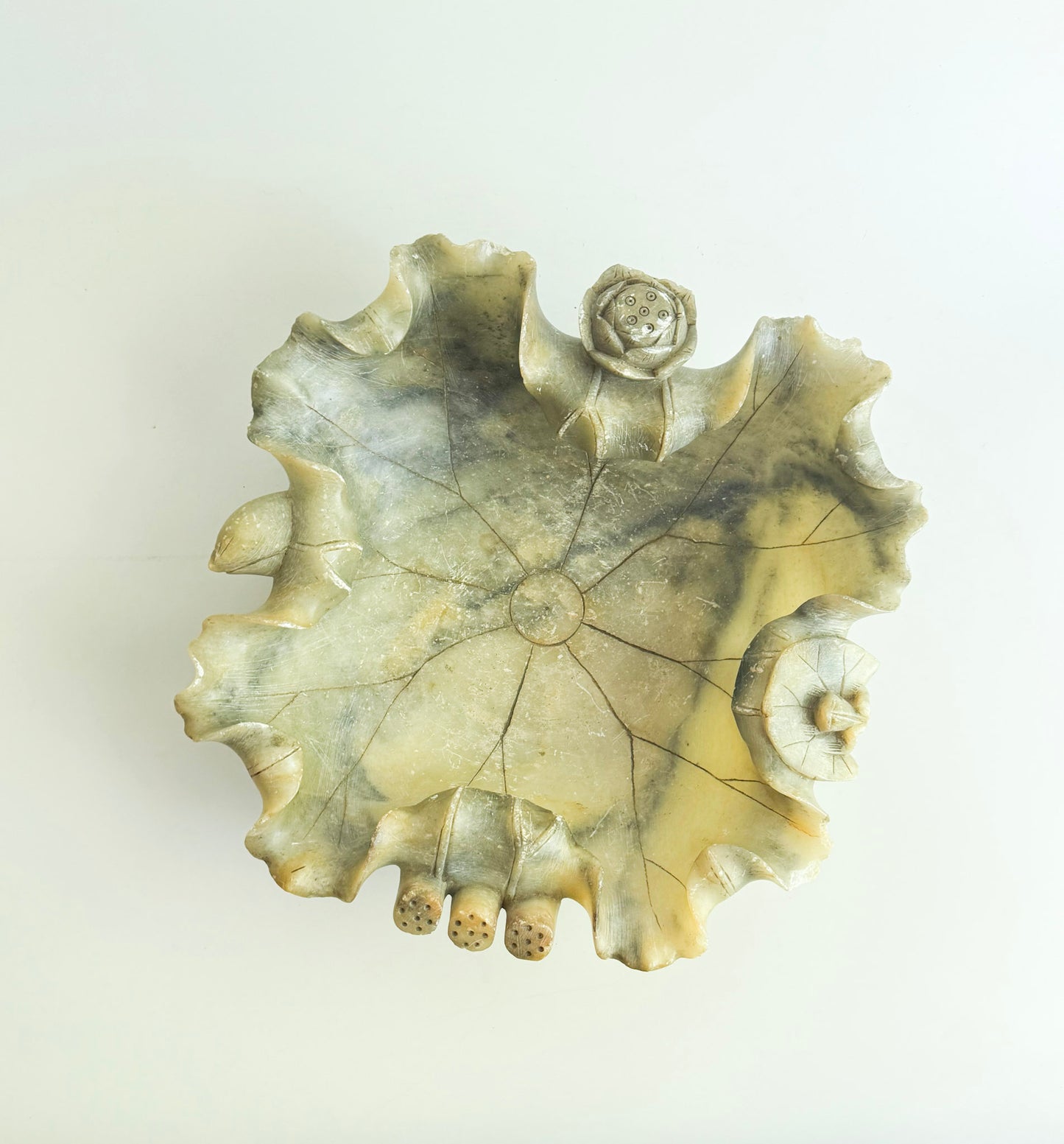Vintage Chinese Carved Stone Lotus Leaf Bowl