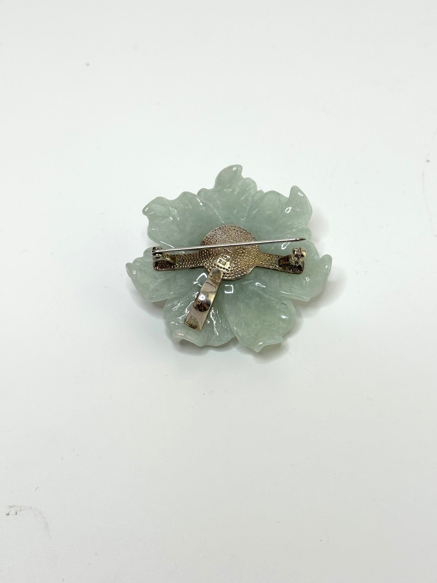 Vintage Carved Jade Flower Brooch / Pendant with Pearls, Sterling Silver