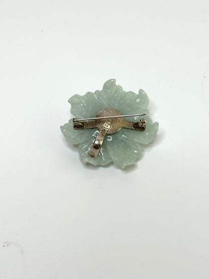 Vintage Carved Jade Flower Brooch / Pendant with Pearls, Sterling Silver