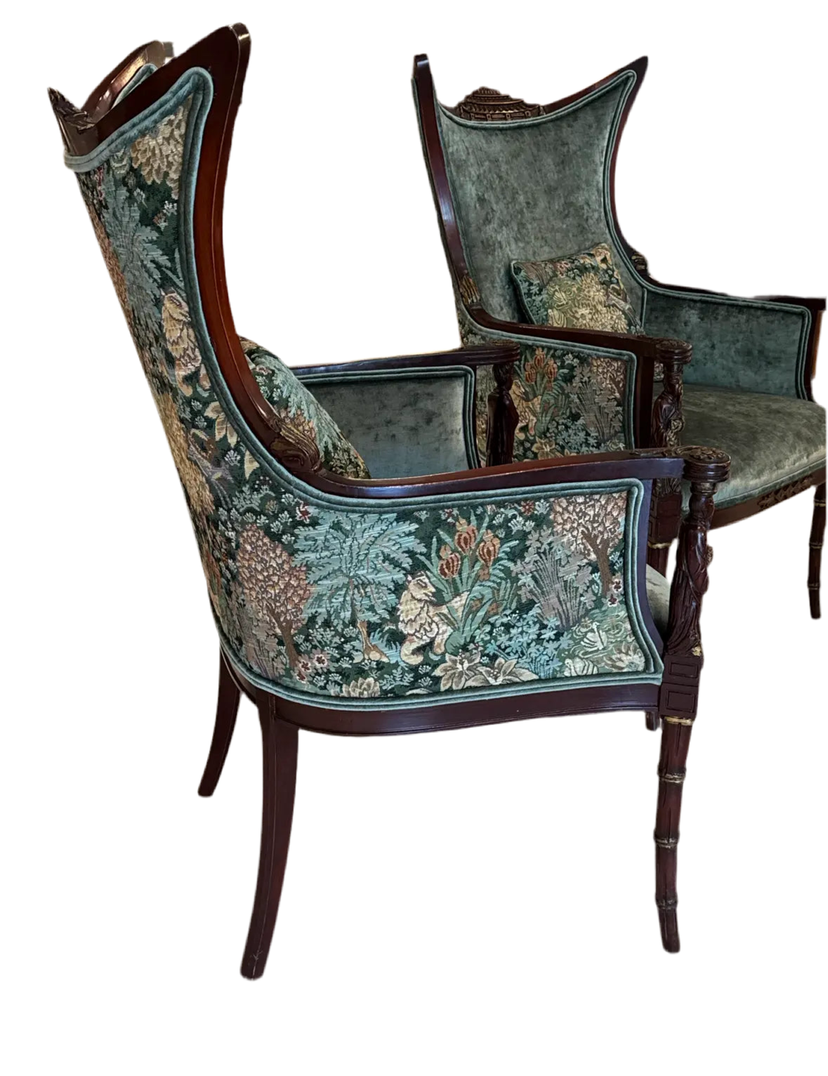 Paire Vintage Carved Wood Asian High Back Wing Chairs — Newly Reupholstered