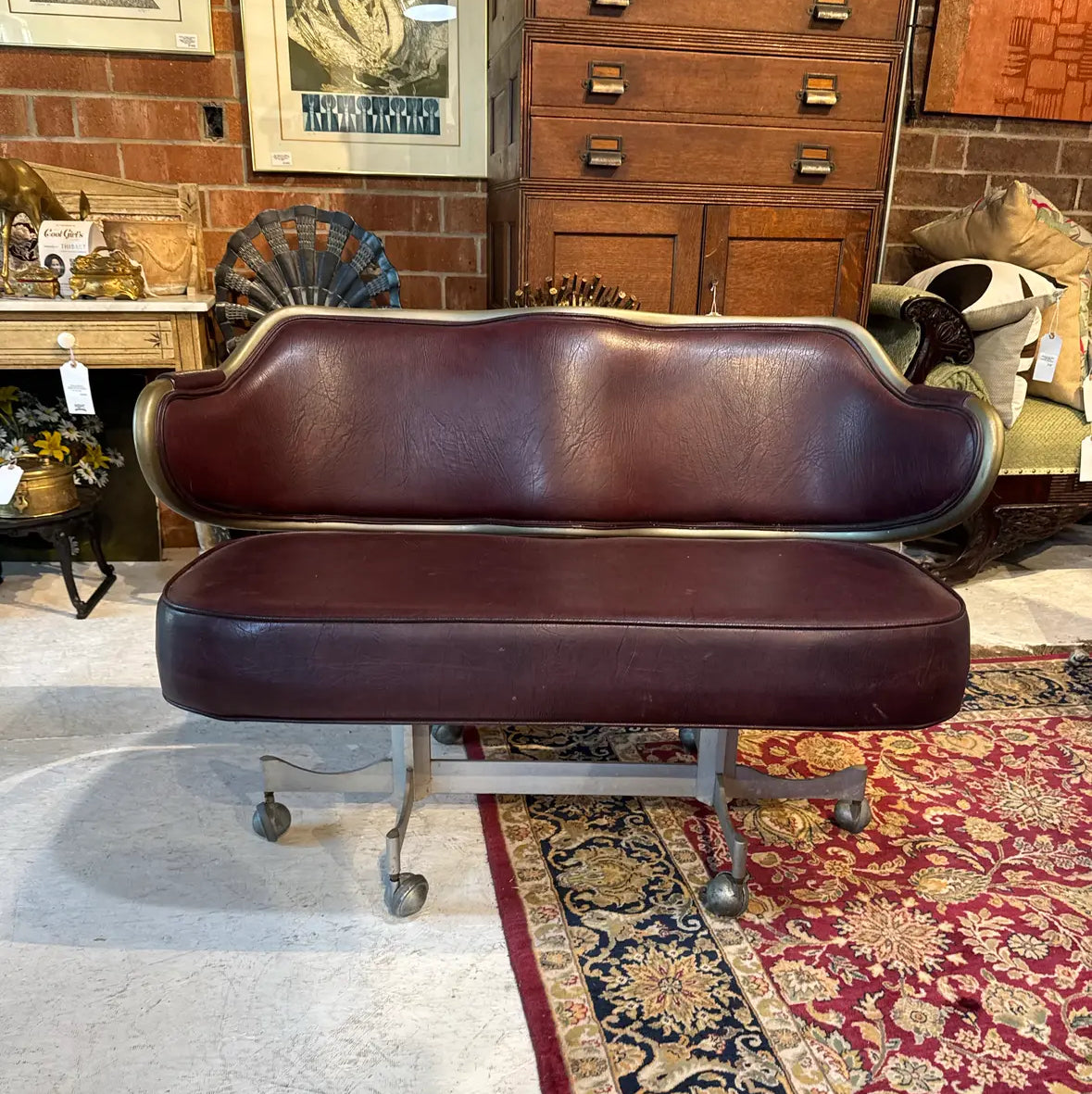 Vintage Industrial Gasser Chair Co. Rolling Settee in Burgundy Faux Leather