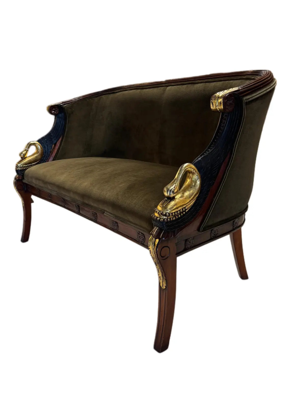Empire-Style Swan Settee in Olive Velvet