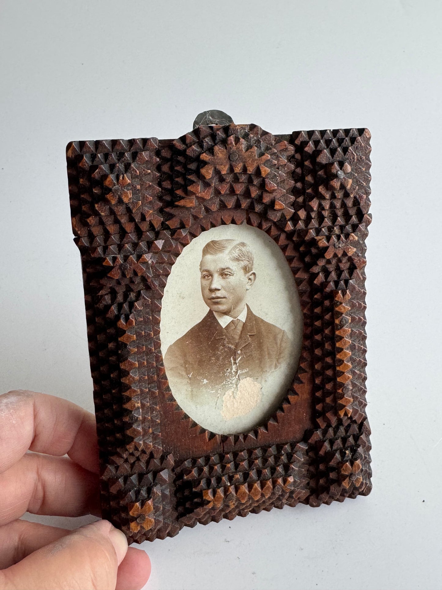 Antique Tramp Art Folk Frame with Original Portrait