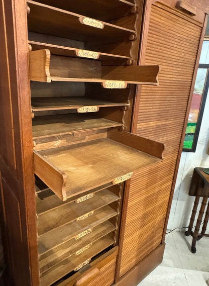Vintage Oak Tambour Door Filing Cabinet With Sliding Trays & Original Keys