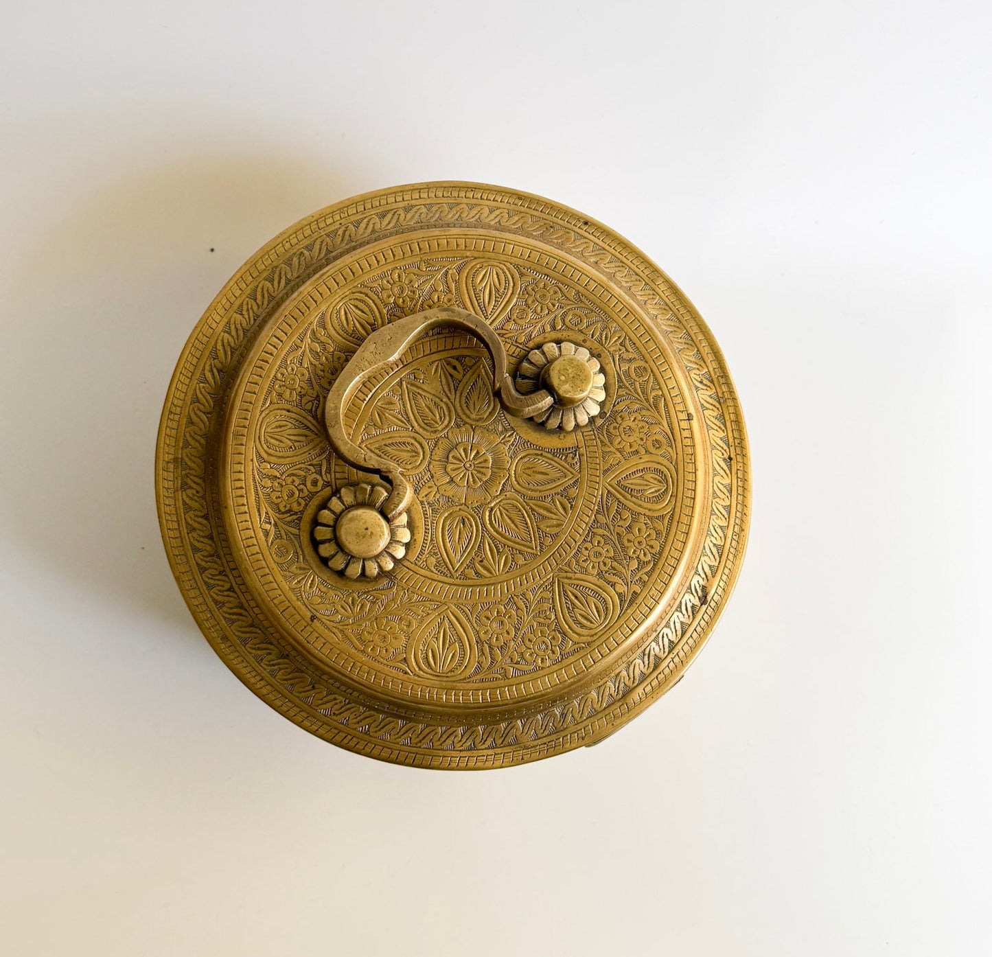 Vintage Hand-Engraved Brass Lidded Box with Handle