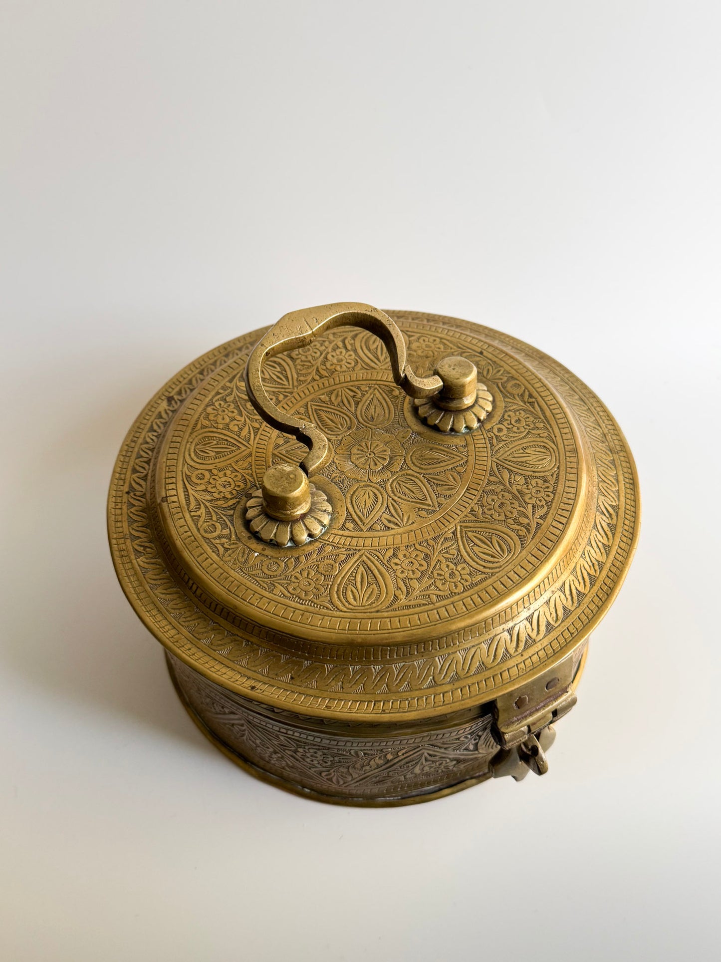 Vintage Hand-Engraved Brass Lidded Box with Handle