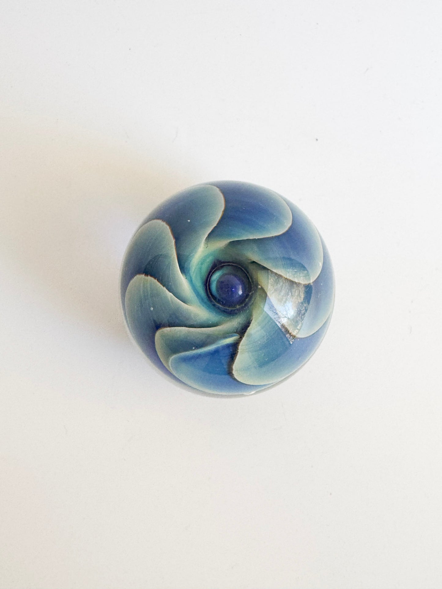 Signed 1986 Studio Art Glass Paperweight – Blue & Aqua Swirl Flower Form