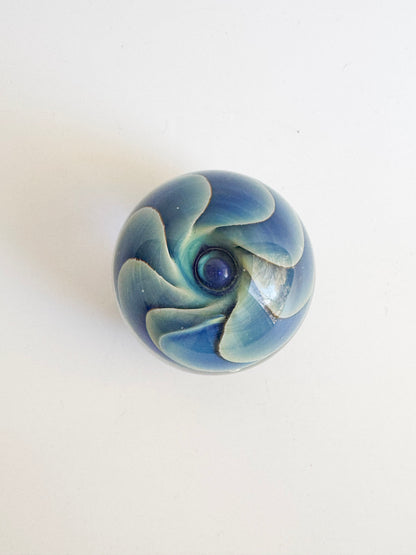 Signed 1986 Studio Art Glass Paperweight – Blue & Aqua Swirl Flower Form