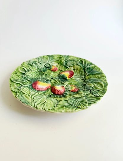 Vintage Majolica Plate with Strawberries and Leaves