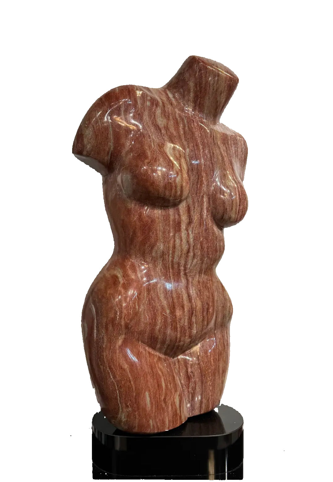 Italian 1980 Signed Marble Female Torso Sculpture on Rotating Black Lacquered Pedestal