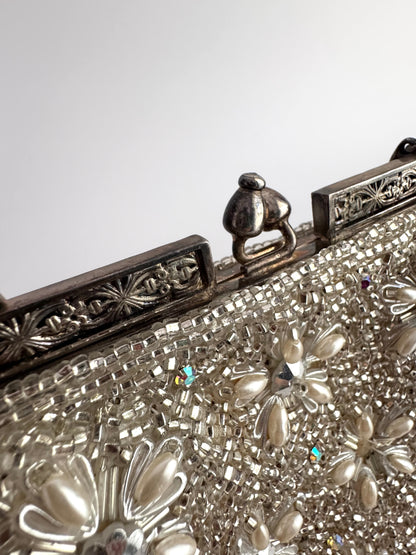 Vintage Beaded Evening Bag with Pearl and Crystal Floral Motif