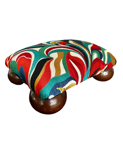 Refinished Mid-Century Modern Footstool With Abstract Multicolor Embroidered Fabric