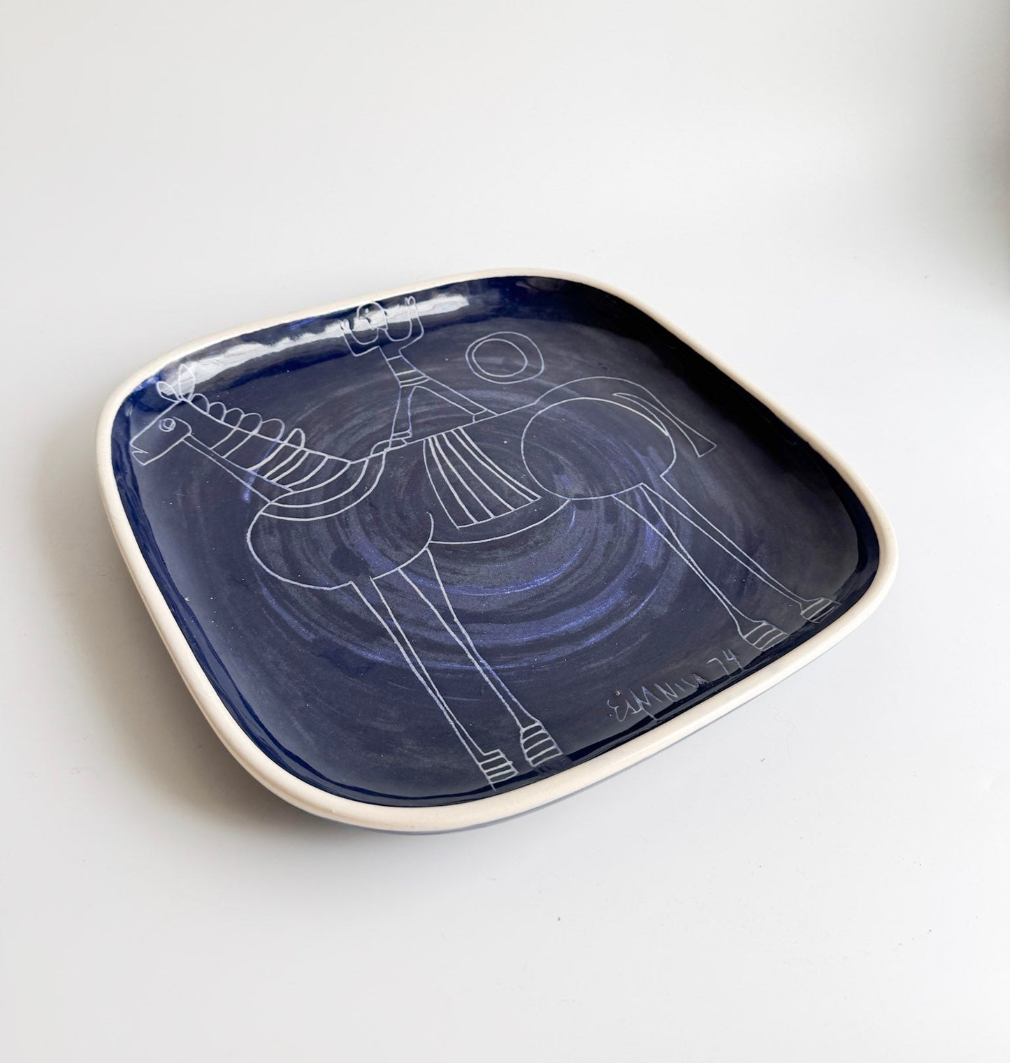 Vintage Scandinavian Modern Blue Ceramic Plate, Signed and Dated 1974