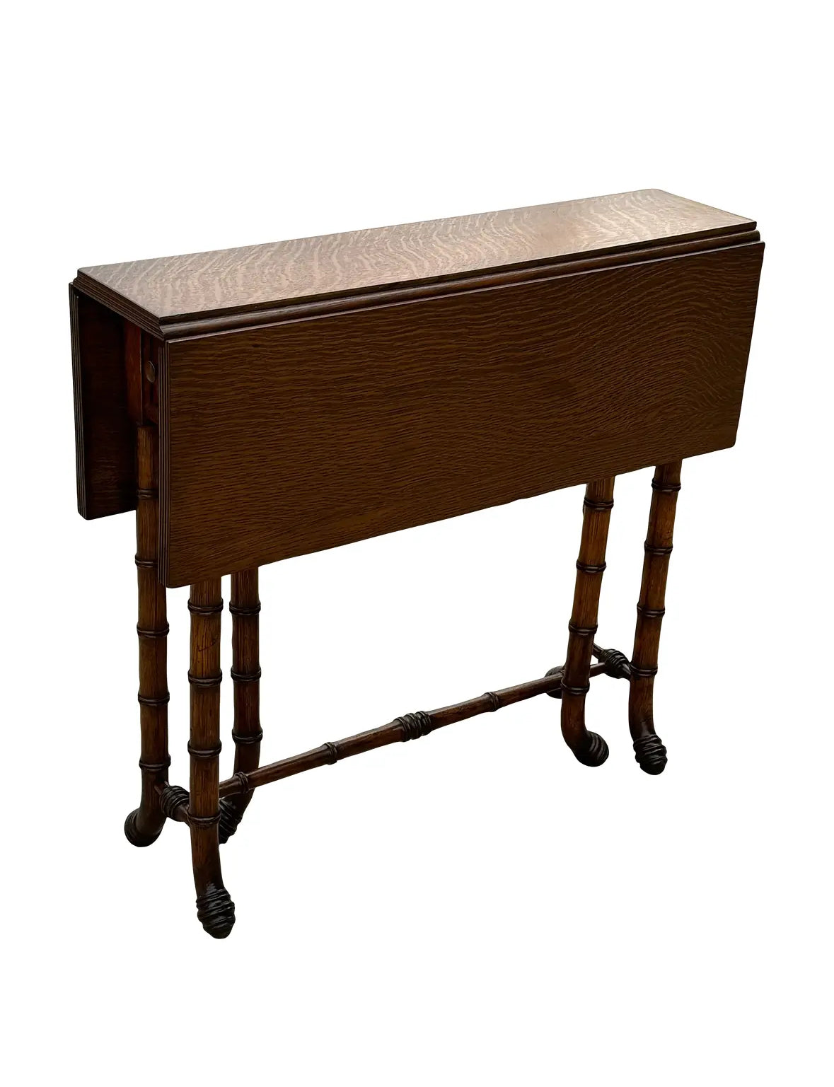 Newly Refinished Antique Drop-Leaf Tiger Oak Table With Faux Bamboo Legs