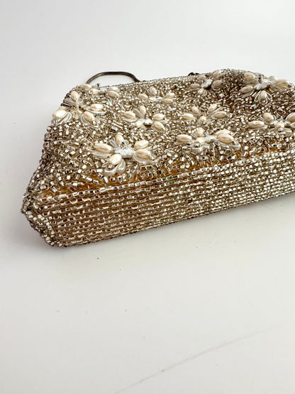 Vintage Beaded Evening Bag with Pearl and Crystal Floral Motif