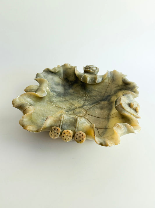 Vintage Chinese Carved Stone Lotus Leaf Bowl