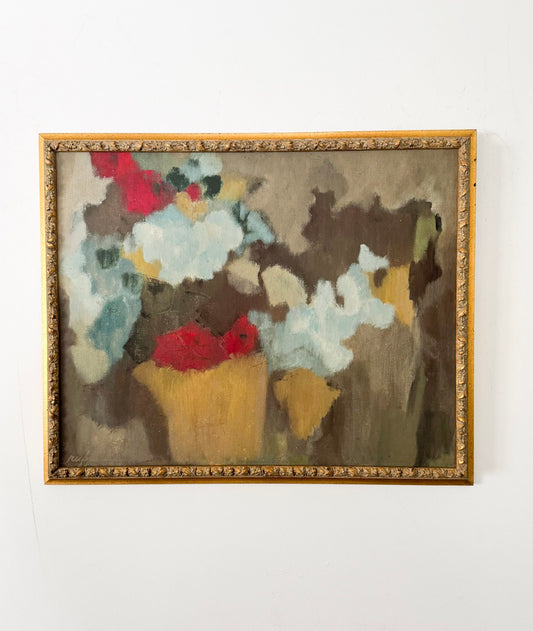 Mid Century Abstract Floral Oil Painting Signed