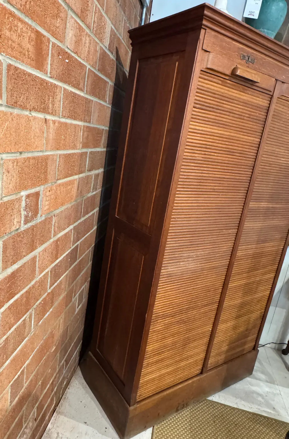 Vintage Oak Tambour Door Filing Cabinet With Sliding Trays & Original Keys