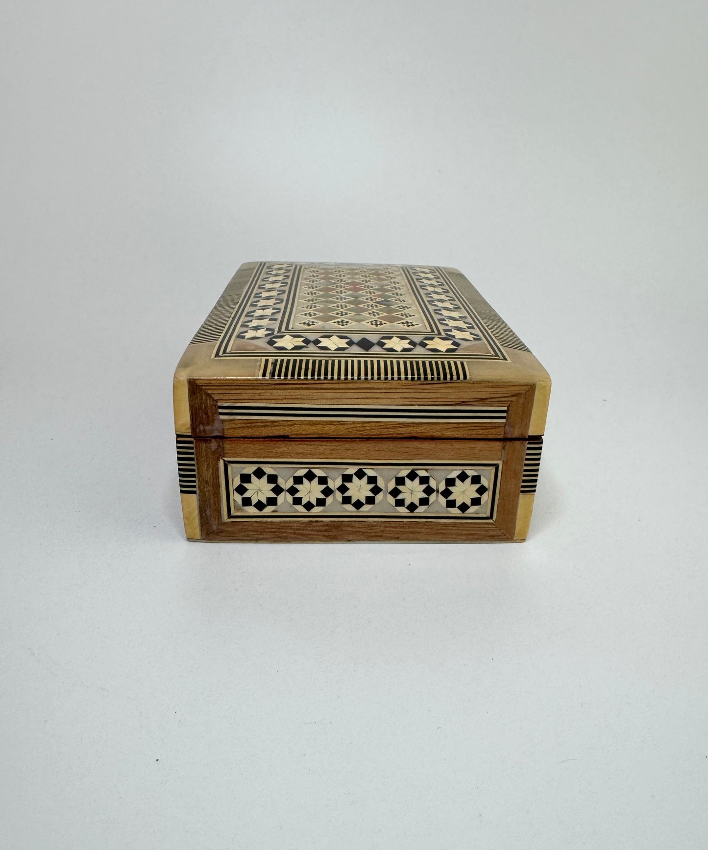 Handmade Egyptian Inlaid Wooden Box with Geometric Mosaic Design