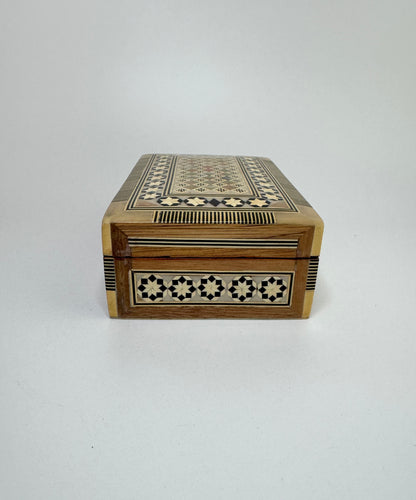Handmade Egyptian Inlaid Wooden Box with Geometric Mosaic Design