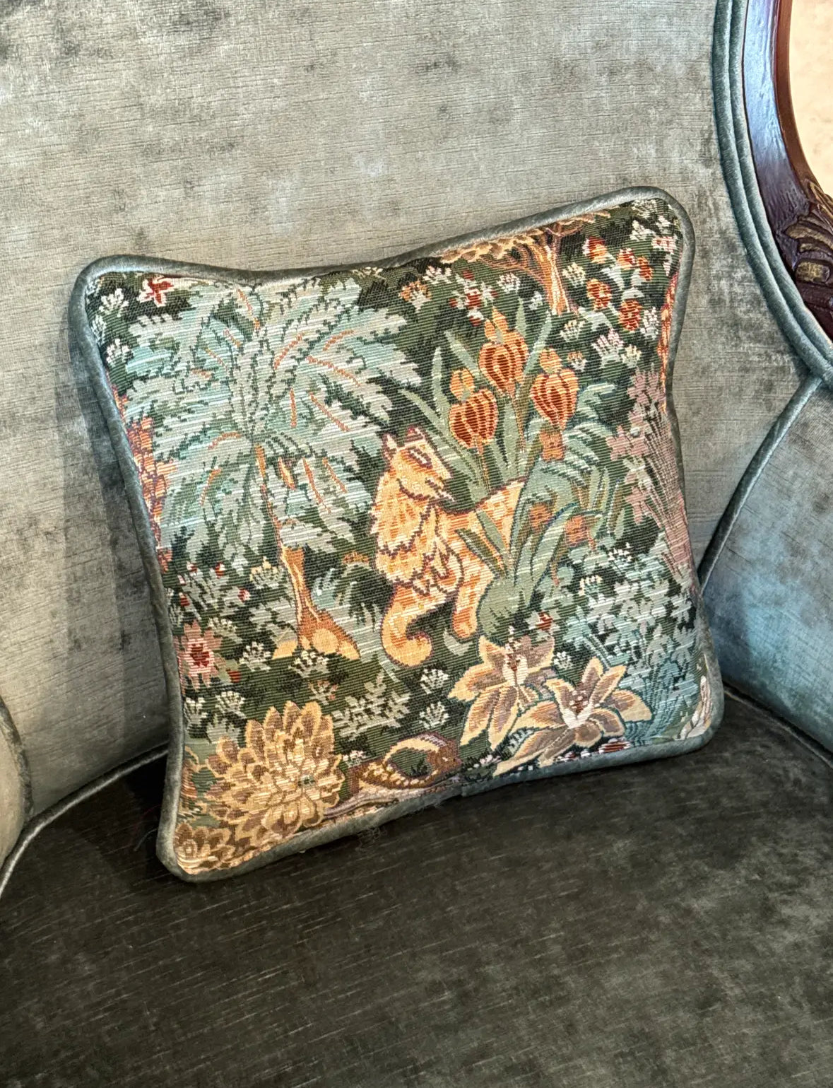 Paire Vintage Carved Wood Asian High Back Wing Chairs — Newly Reupholstered