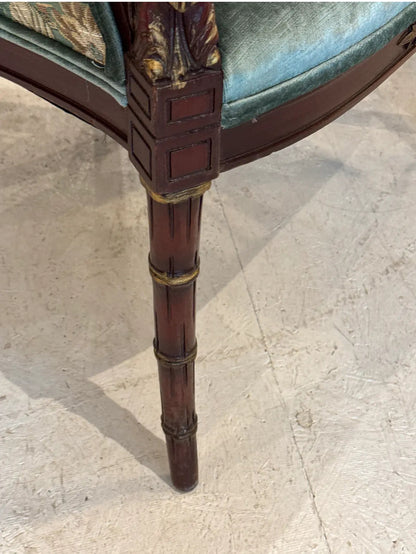 Paire Vintage Carved Wood Asian High Back Wing Chairs — Newly Reupholstered