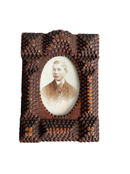 Antique Tramp Art Folk Frame with Original Portrait