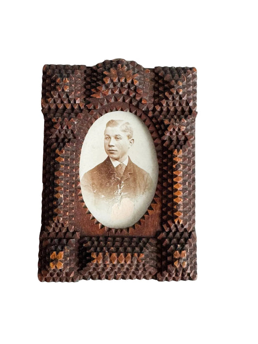 Antique Tramp Art Folk Frame with Original Portrait