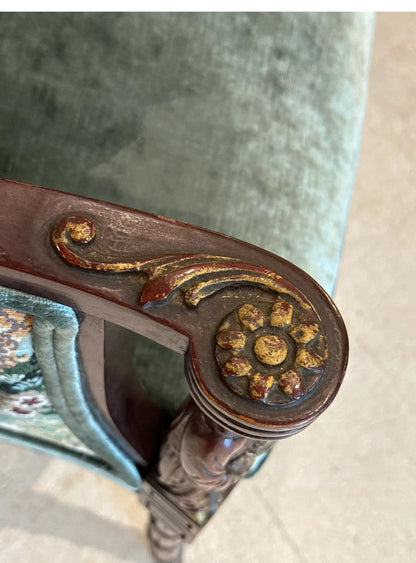 Paire Vintage Carved Wood Asian High Back Wing Chairs — Newly Reupholstered