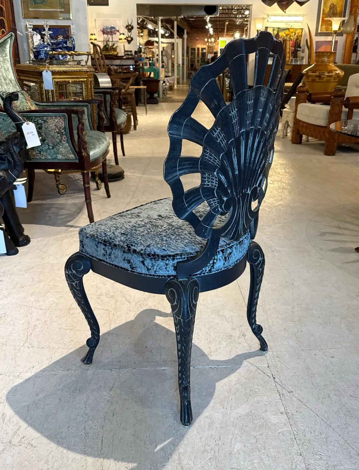 Set of 4 Vintage Iron Grotto Shell Back Chairs — Newly Reupholstered