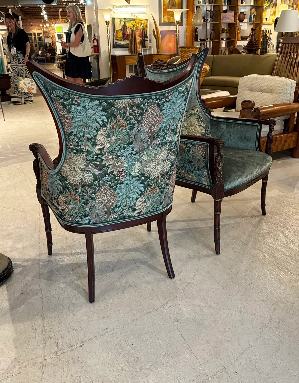 Paire Vintage Carved Wood Asian High Back Wing Chairs — Newly Reupholstered