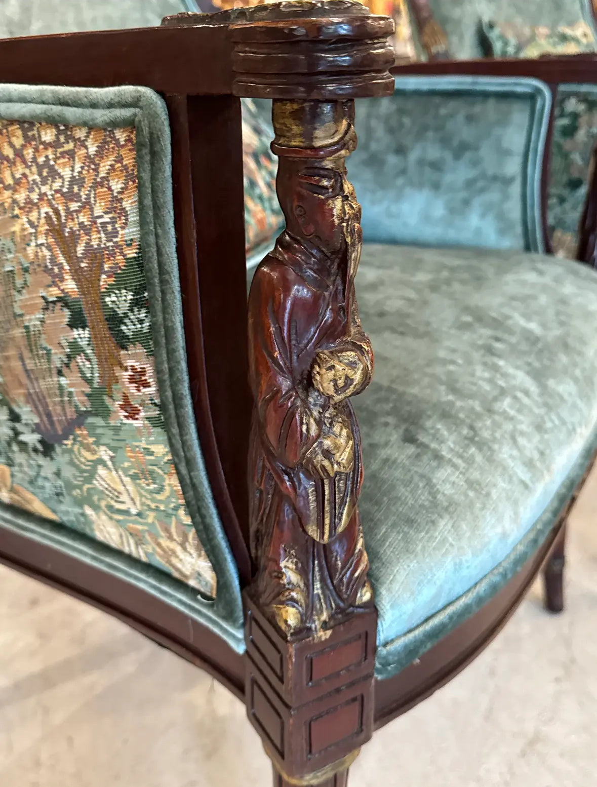 Paire Vintage Carved Wood Asian High Back Wing Chairs — Newly Reupholstered