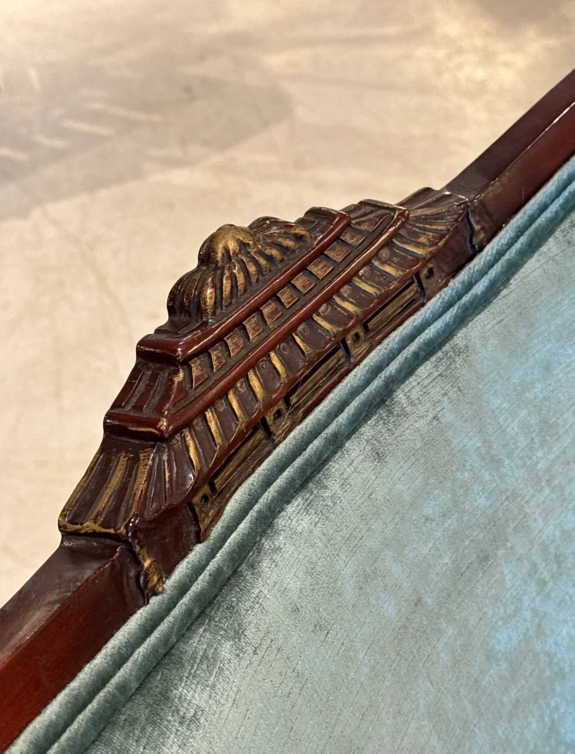 Paire Vintage Carved Wood Asian High Back Wing Chairs — Newly Reupholstered