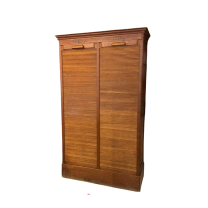 Vintage Oak Tambour Door Filing Cabinet With Sliding Trays & Original Keys