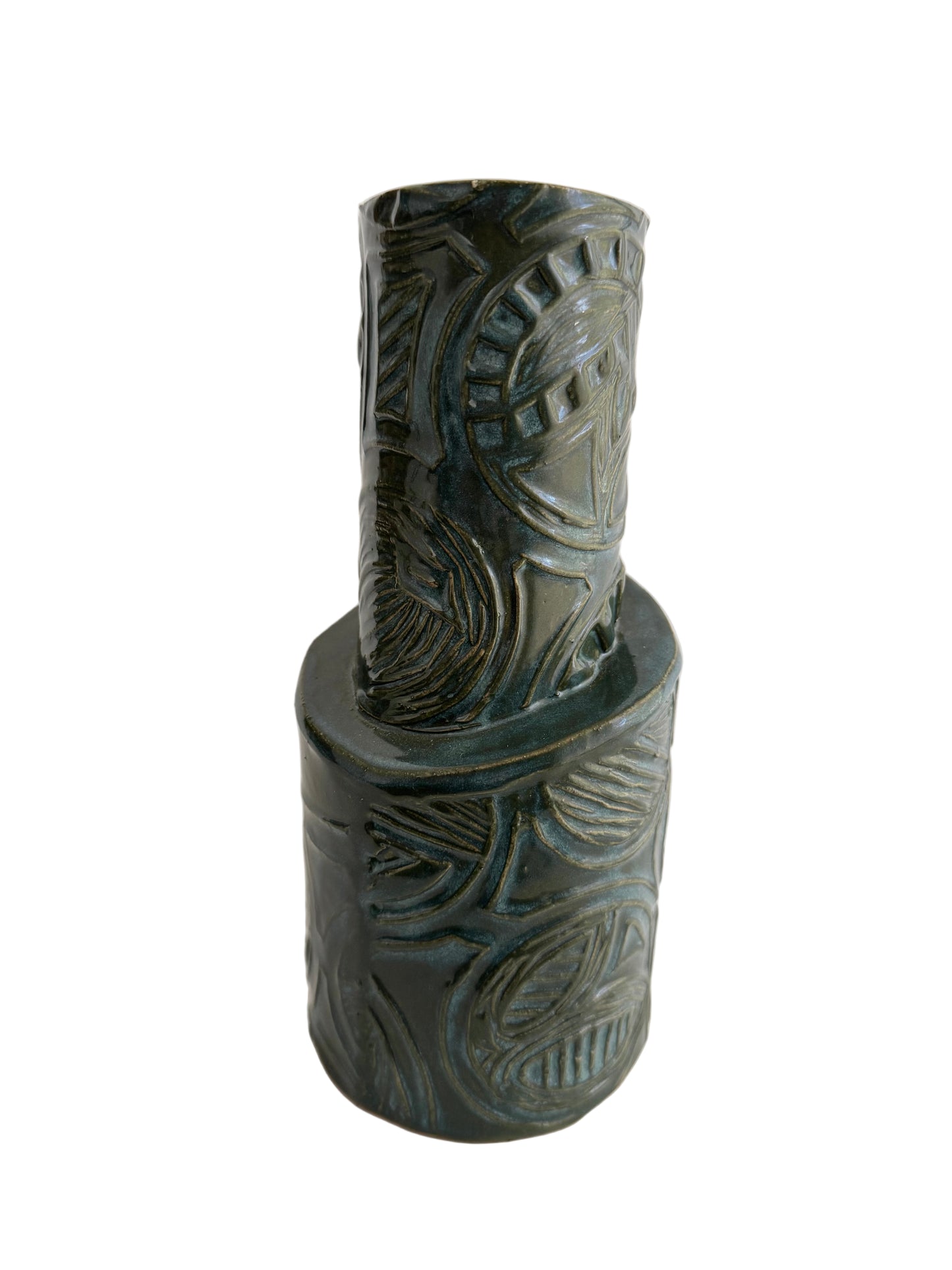 Signed Modernist Studio Pottery Vase with Geometric Relief and Teal Glaze