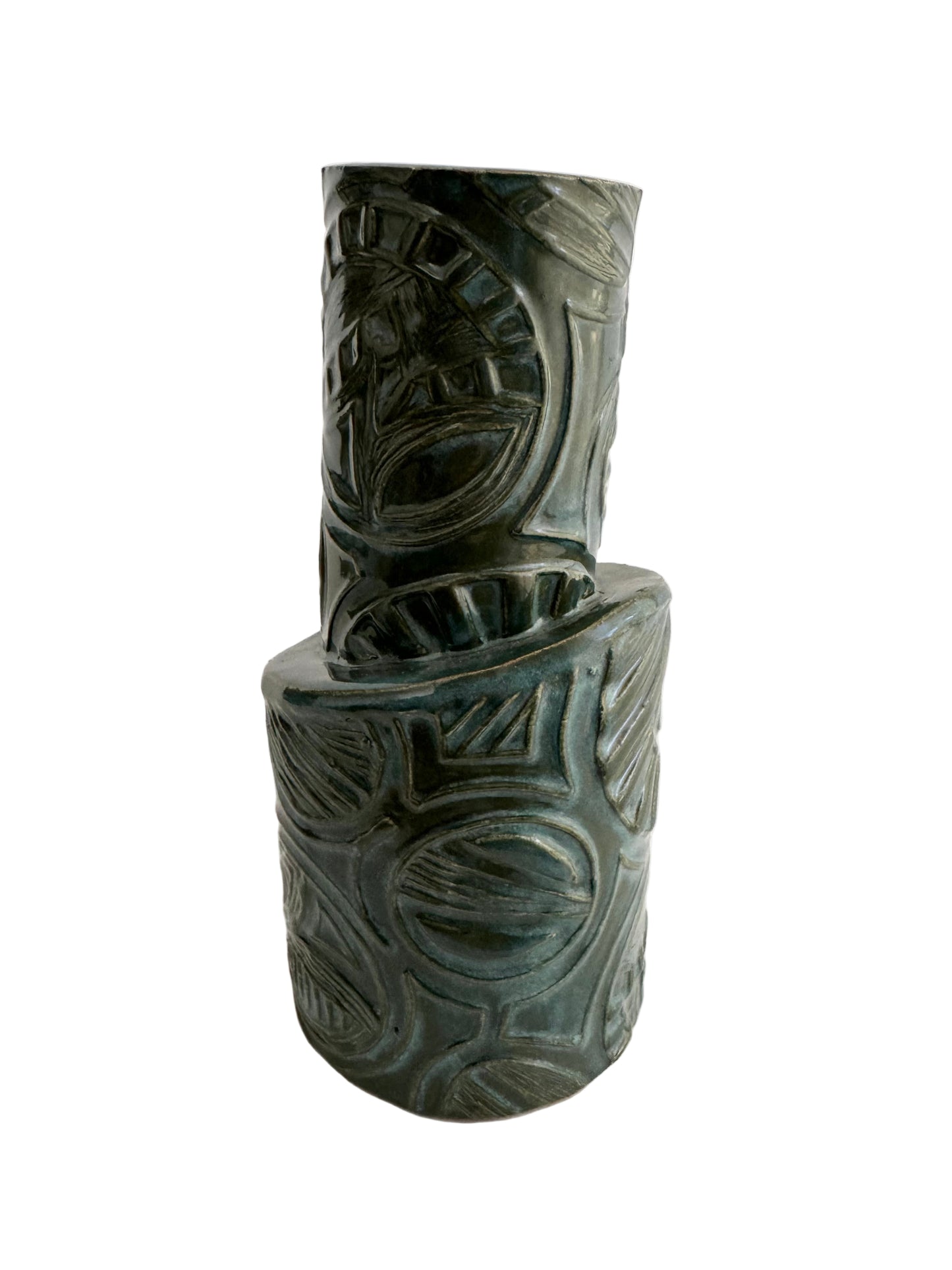 Signed Modernist Studio Pottery Vase with Geometric Relief and Teal Glaze