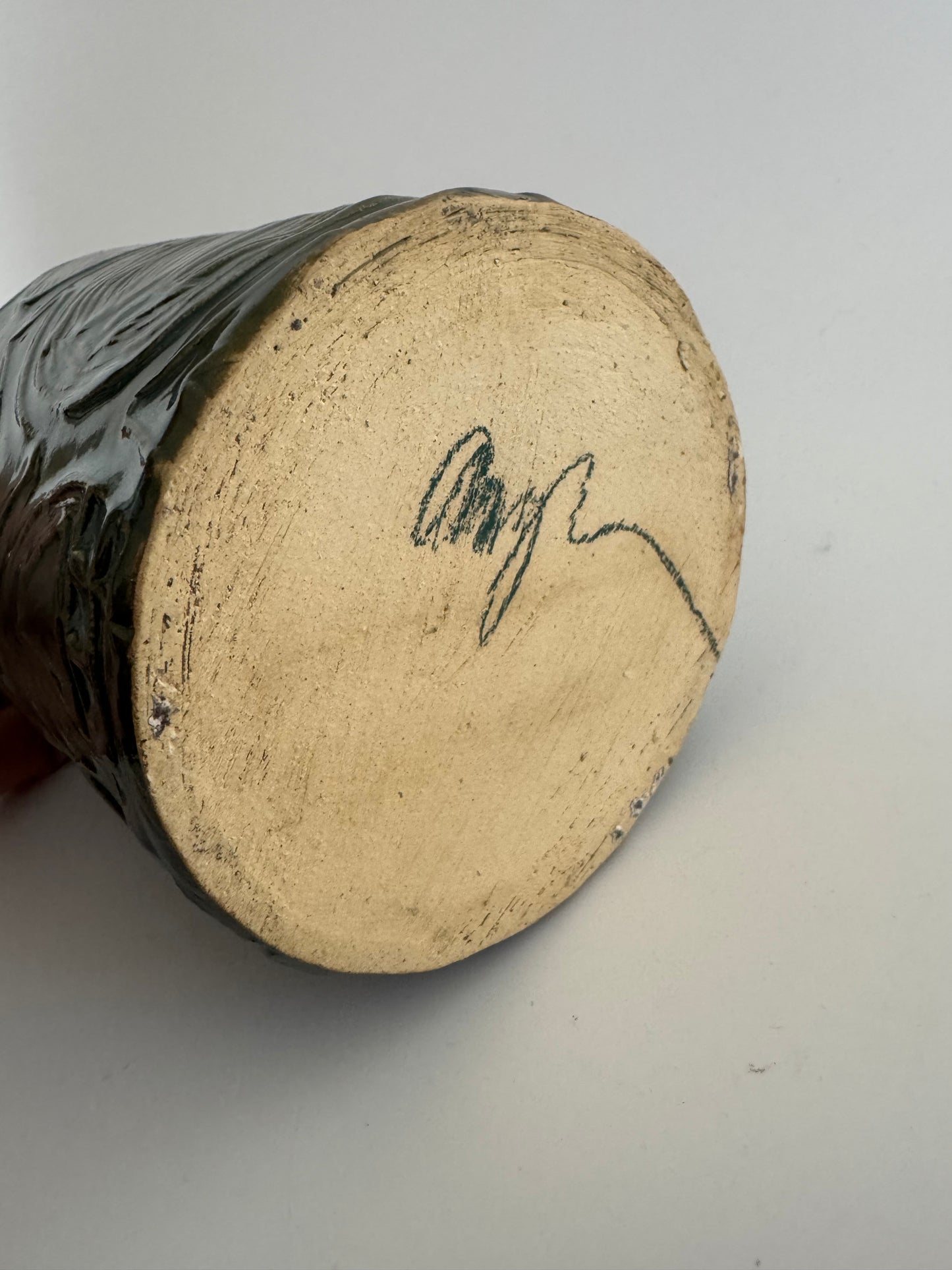 Signed Modernist Studio Pottery Vase with Geometric Relief and Teal Glaze