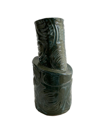 Signed Modernist Studio Pottery Vase with Geometric Relief and Teal Glaze