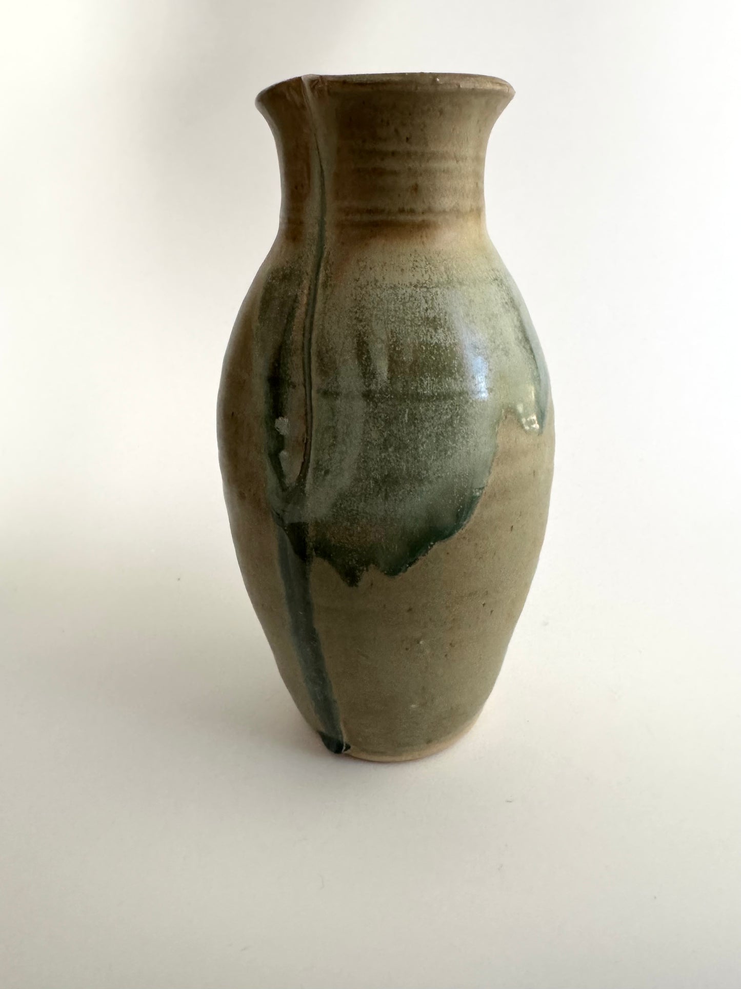 Unsigned Handcrafted Stoneware Vase with Celadon Drip Glaze