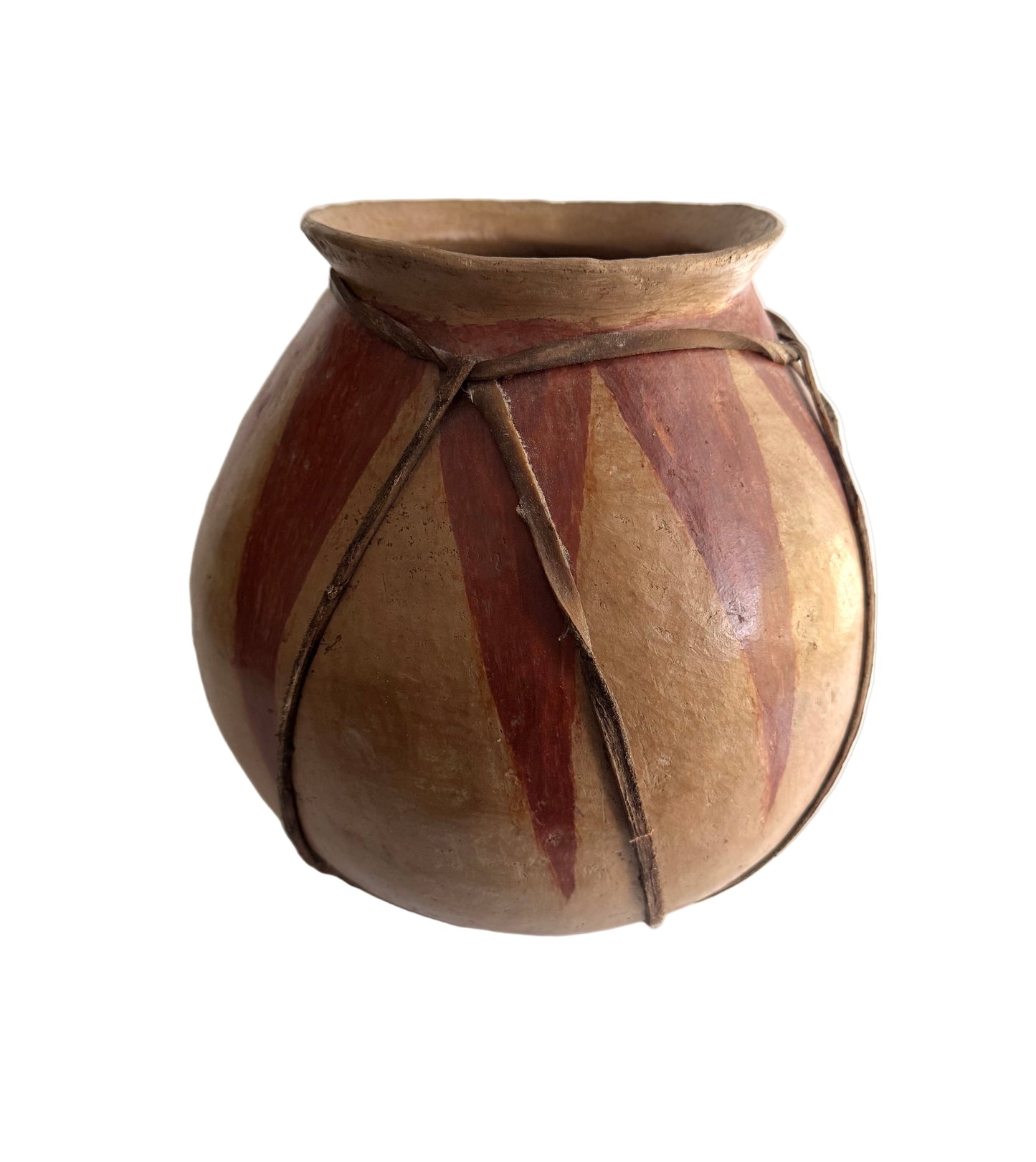 Handmade Tribal Clay Pot with Natural Pigment and Leather Detailing