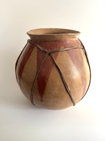 Handmade Tribal Clay Pot with Natural Pigment and Leather Detailing
