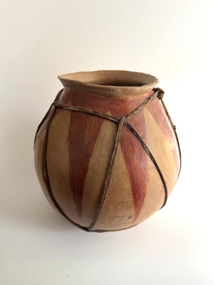 Handmade Tribal Clay Pot with Natural Pigment and Leather Detailing