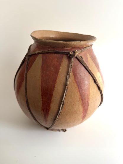 Handmade Tribal Clay Pot with Natural Pigment and Leather Detailing