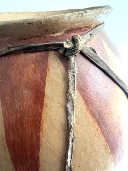 Handmade Tribal Clay Pot with Natural Pigment and Leather Detailing