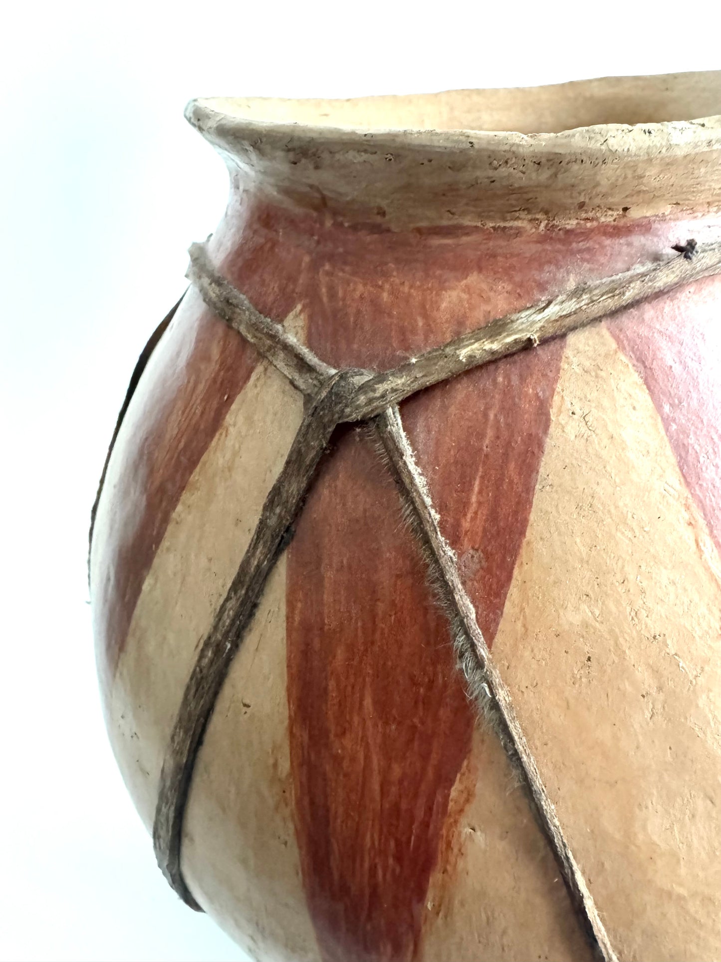 Handmade Tribal Clay Pot with Natural Pigment and Leather Detailing